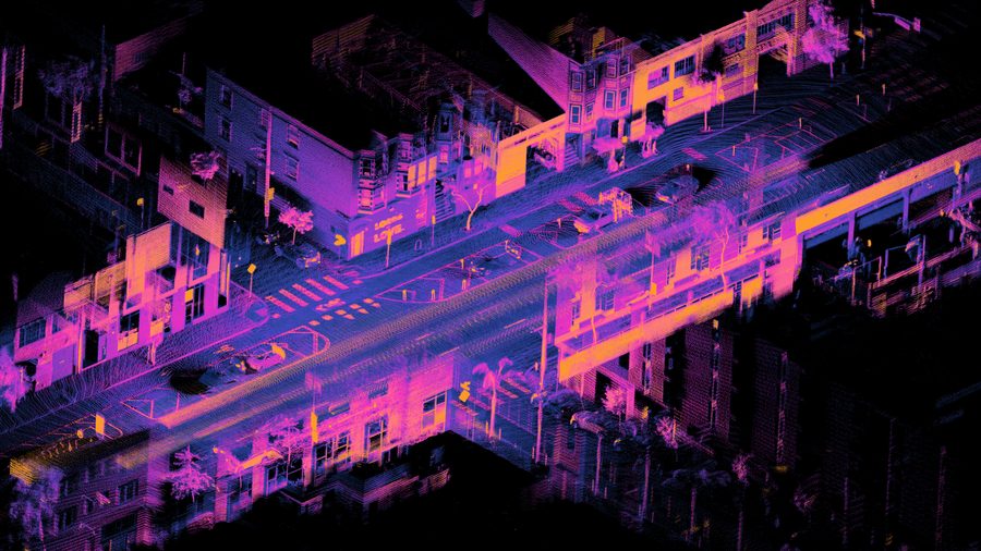 Colourful LiDAR point cloud of a city street intersection